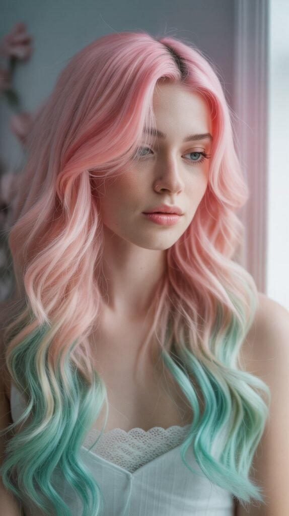 2. Pastel Pink and Mint Green Mermaid Waves