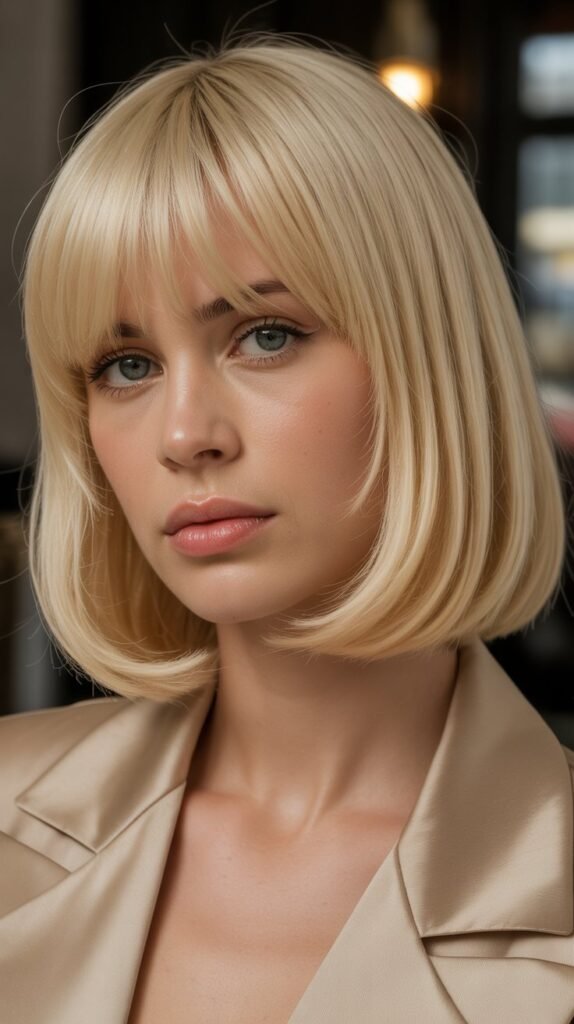 20. Polished Long Bob with Rounded Bangs