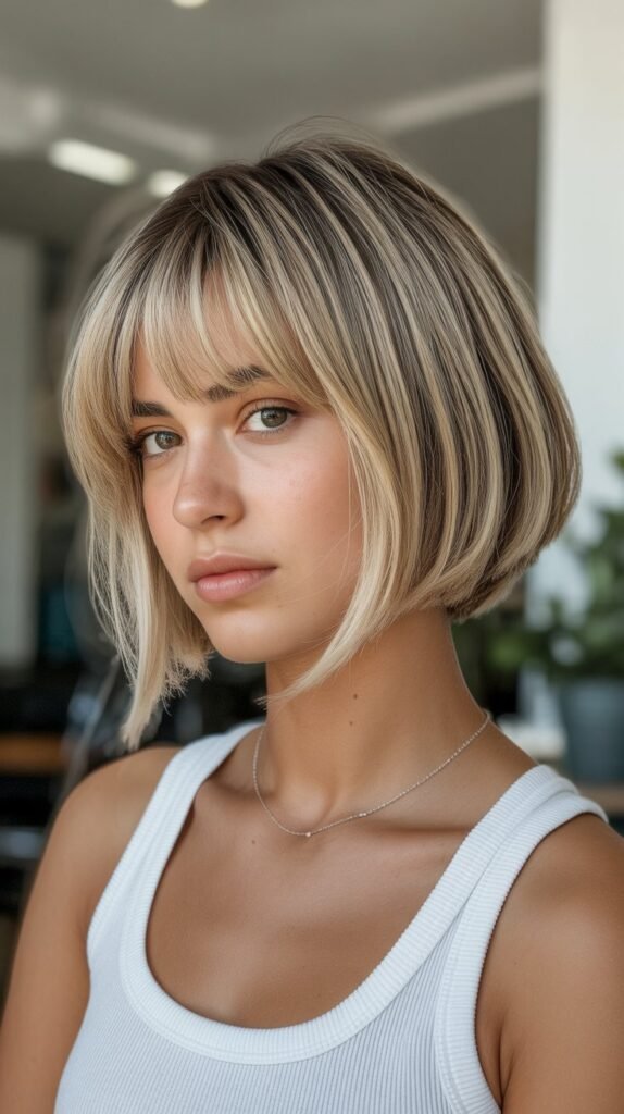 7. Stacked Inverted Bob with Curtain Bangs