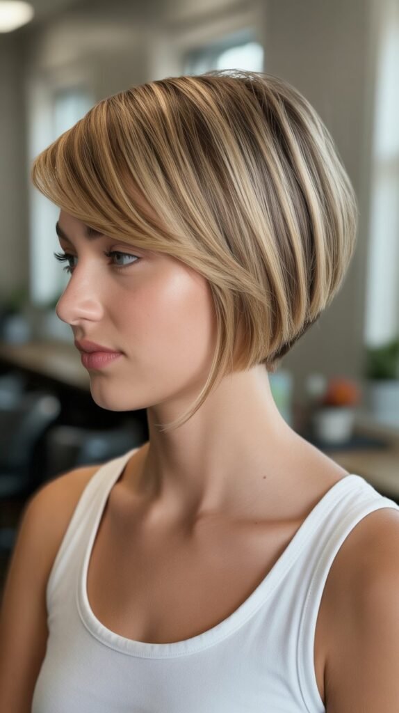 9. Stacked Inverted Bob with Side-Swept Bangs
