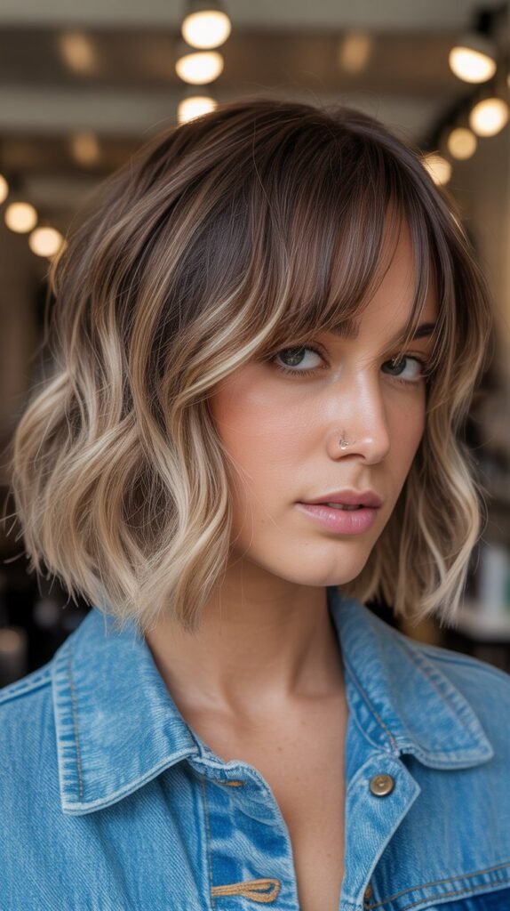8. Choppy Bob with Curtain Bangs and Balayage