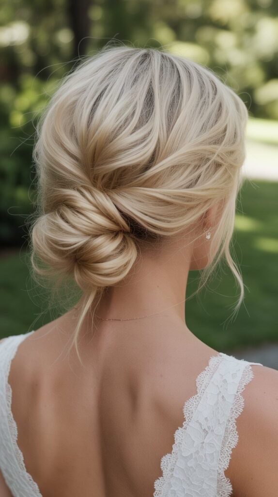 15. Textured Low Ponytail Updo