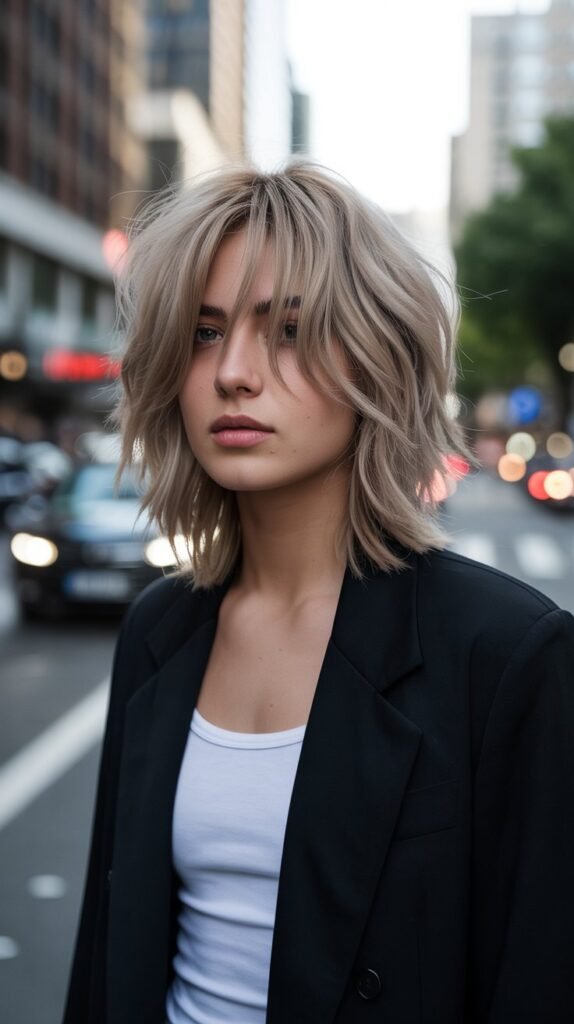 5. Choppy Layered Long Bob with Piecey Bangs