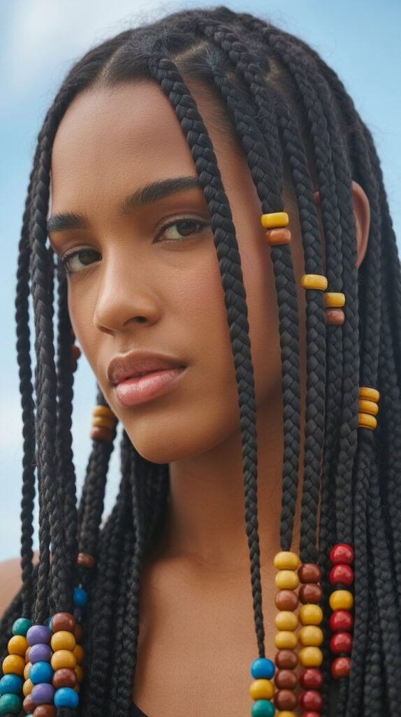 15. Side Part Knotless Braids with Beads