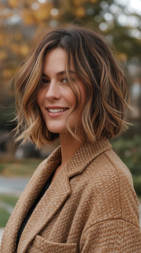 Shaggy Choppy Bob with Caramel Highlights