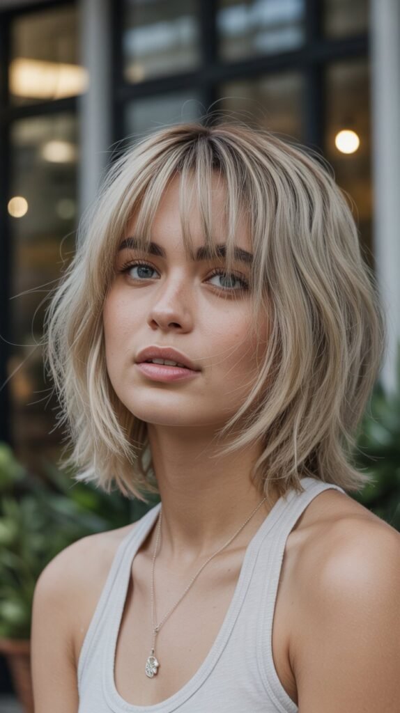 28. Long Bob with Razored Bangs