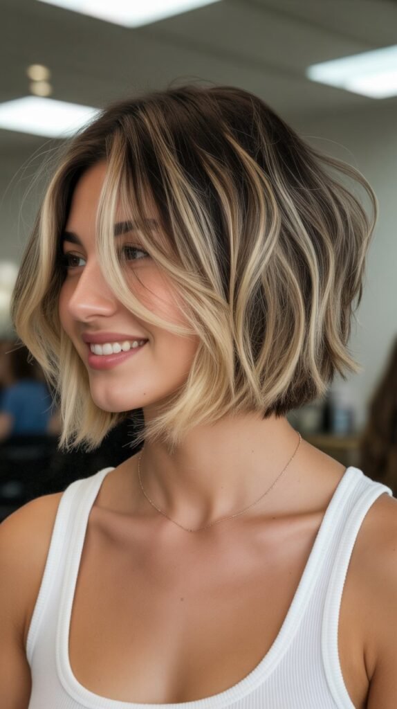 6. Choppy Bob Blowout with Balayage Highlights