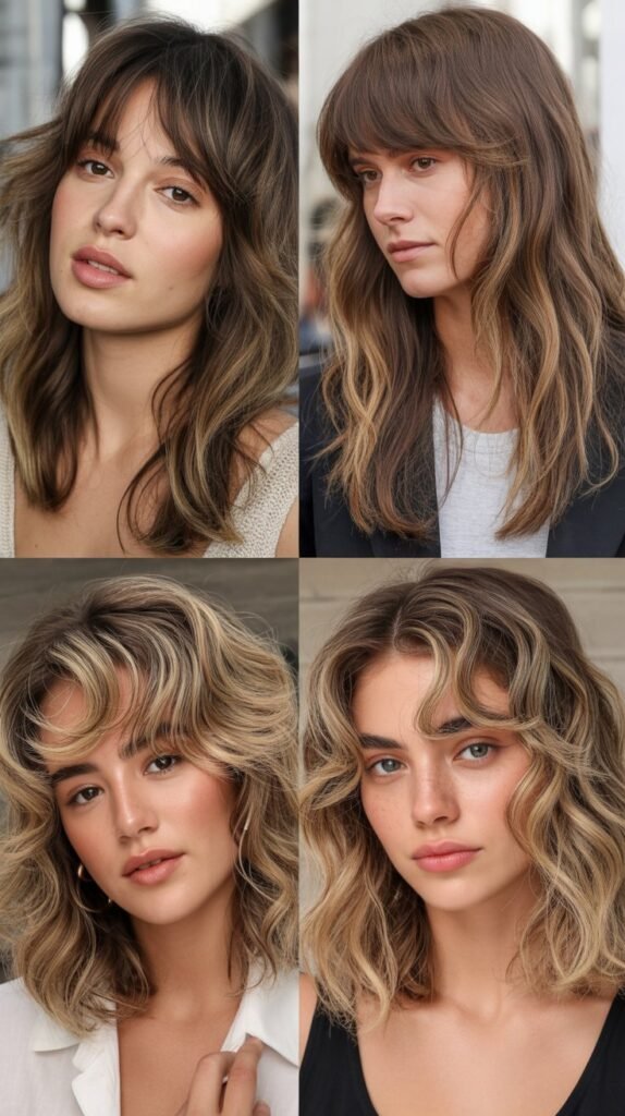  Wispy Curtain Bangs with Tousled Medium Waves