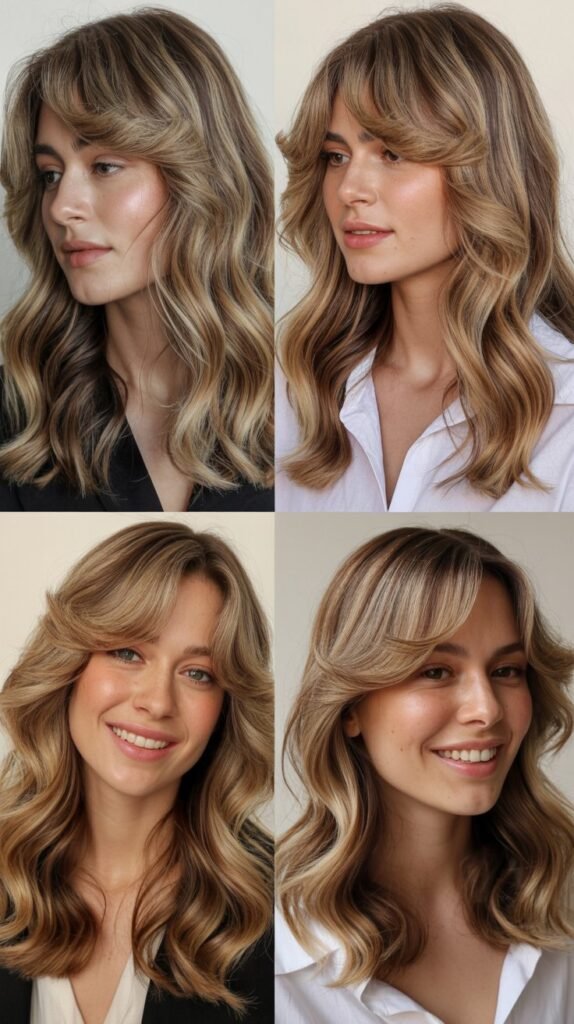 Caramel Blonde Waves with Swept Curtain Bangs