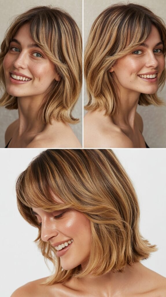 Curtain Bangs with Honey Balayage on Medium Layers