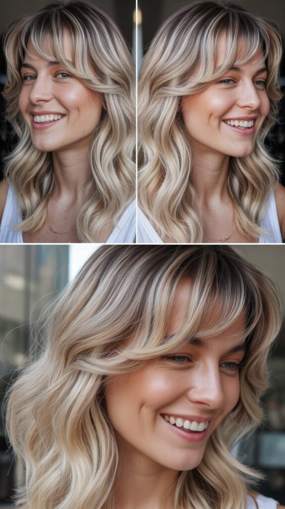 Wispy Curtain Bangs with Icy Blonde Balayage