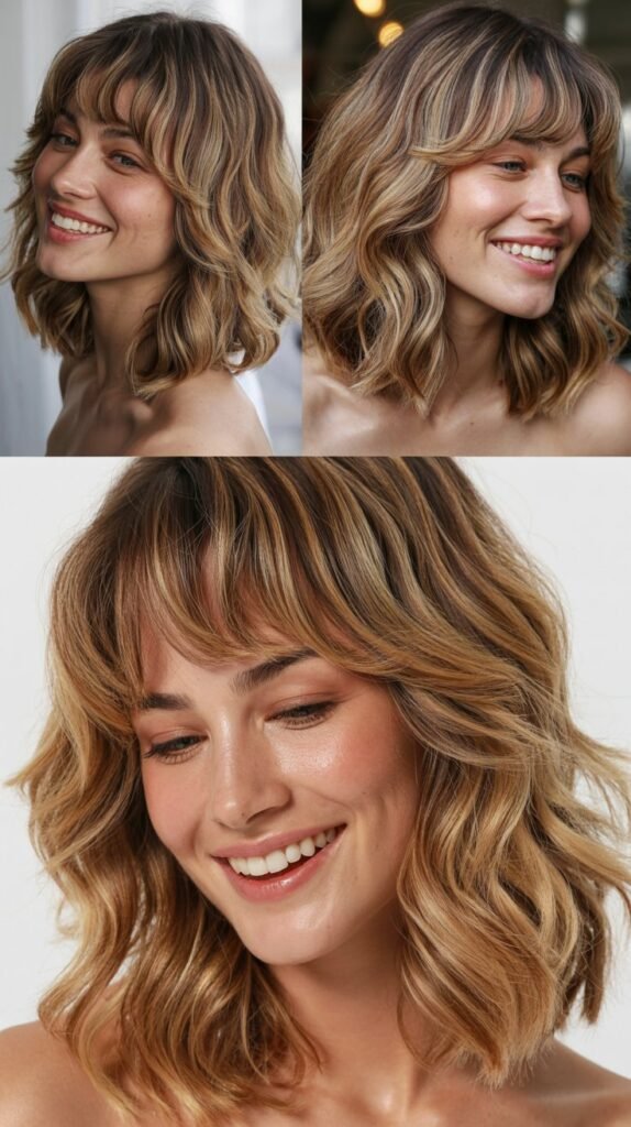 Soft Bangs with Champagne Balayage on Medium Waves