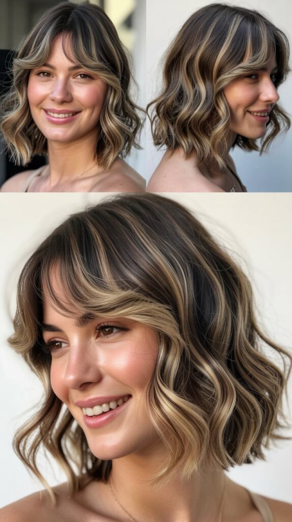 Wispy Bangs with Ash Brown Balayage on Wavy Lob