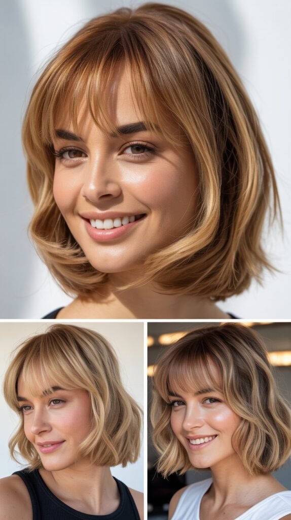 Caramel Blonde Layered Bob with Bangs