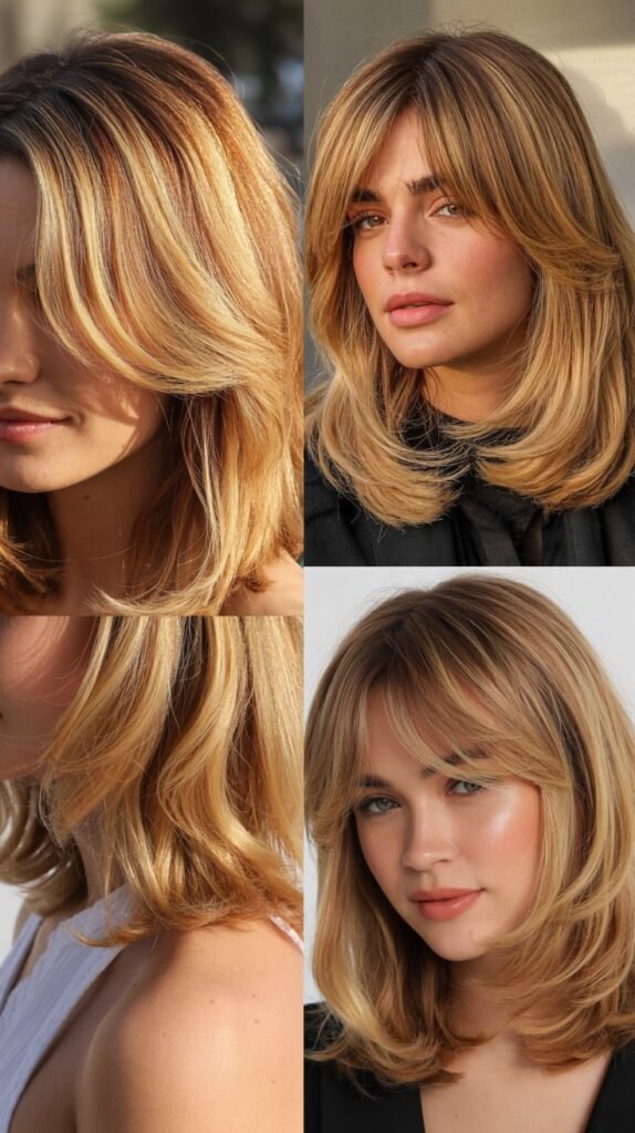Golden Honey Blonde Layers with Blended Curtain Fringe