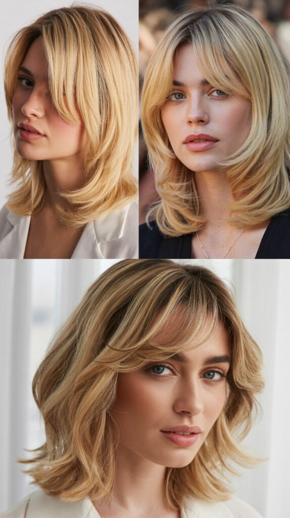 Honey Cream Blonde Layers with Wispy Curtain Fringe
