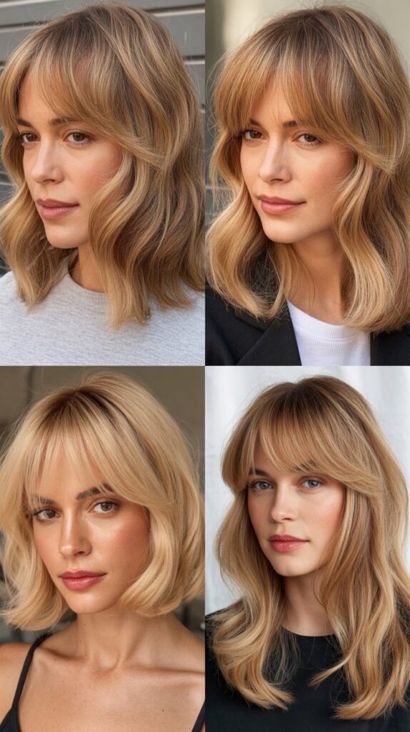 Feathered Curtain Bangs with Toasted Almond Blonde