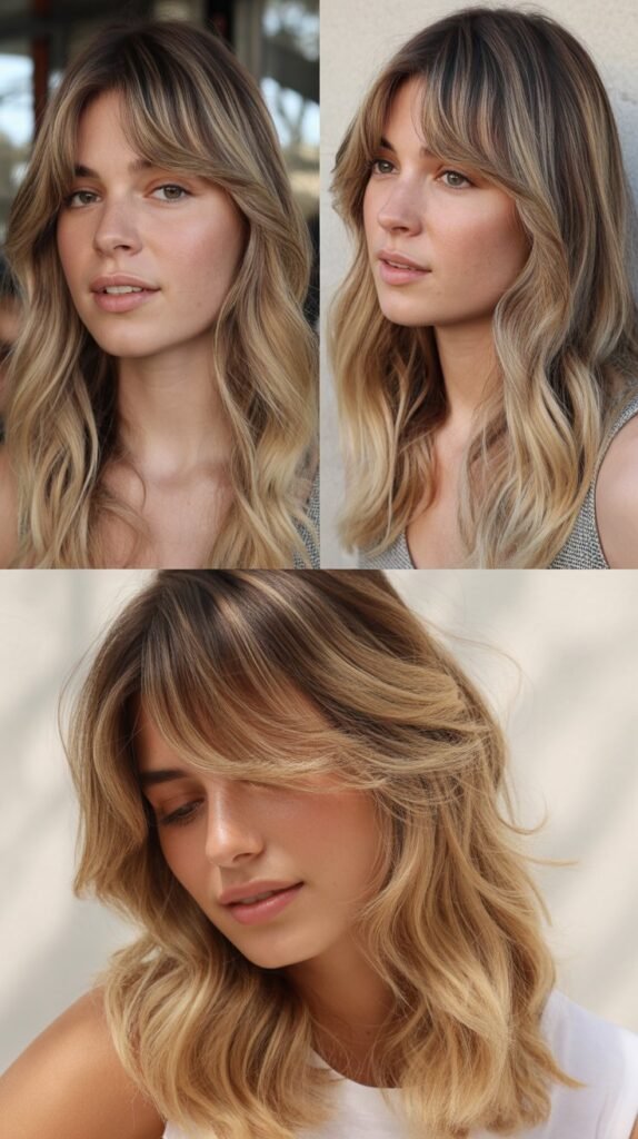 Soft Curtain Bangs with Golden Hour Blonde Balayage