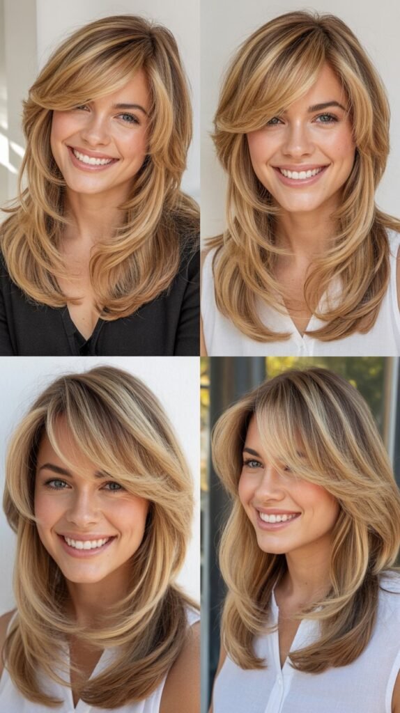  Sunset Blonde Layers with Side-Swept Bangs