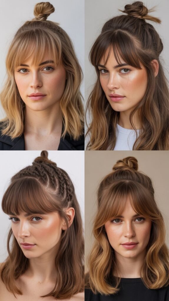 Curtain Bangs with Half-Up Top Knot