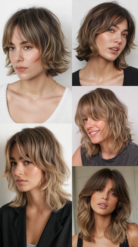 Shag with Long Curtain Bangs and Balayage