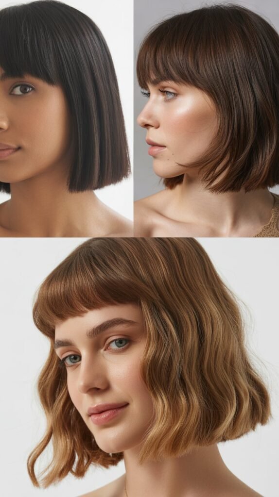 Blunt Lob With Side Sweep And Brow-Skimming Bangs