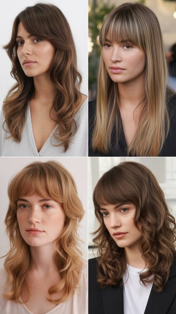 Long Side-Swept Bangs with Crown Layers