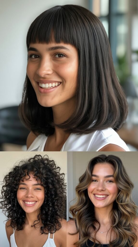 Blunt Cut Medium Length with Center-Parted Curtain Bangs