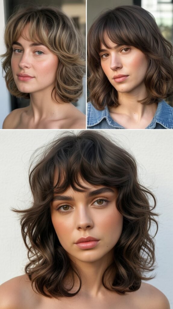 Layered Bangs with Wavy Midi Cut