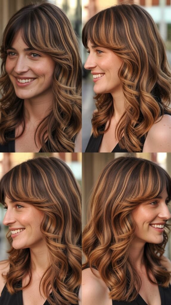  Long Bangs with Copper Balayage on Medium Wavy Hair