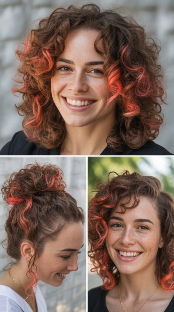 Coral Highlights on Curly Brown Hair