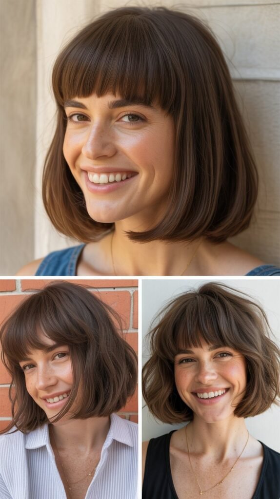 Rounded Lob With Thick Straight Bangs