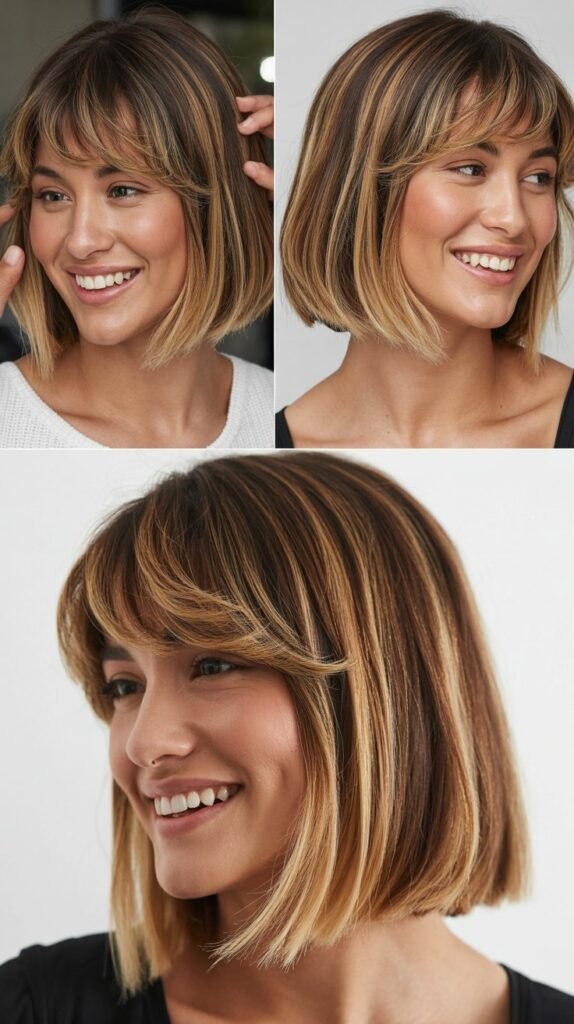 Rounded Bangs with Blonde Balayage on Medium Bob