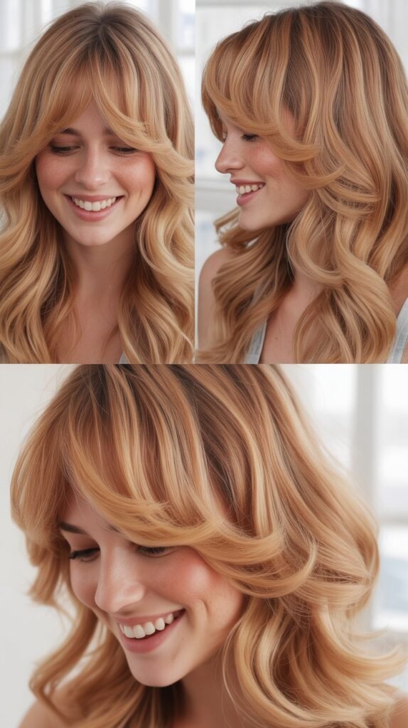  Rose Gold Blonde Waves with Soft Bangs
