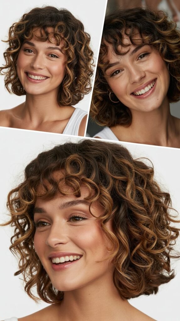 Medium Length Curly Bob with Curly Bangs