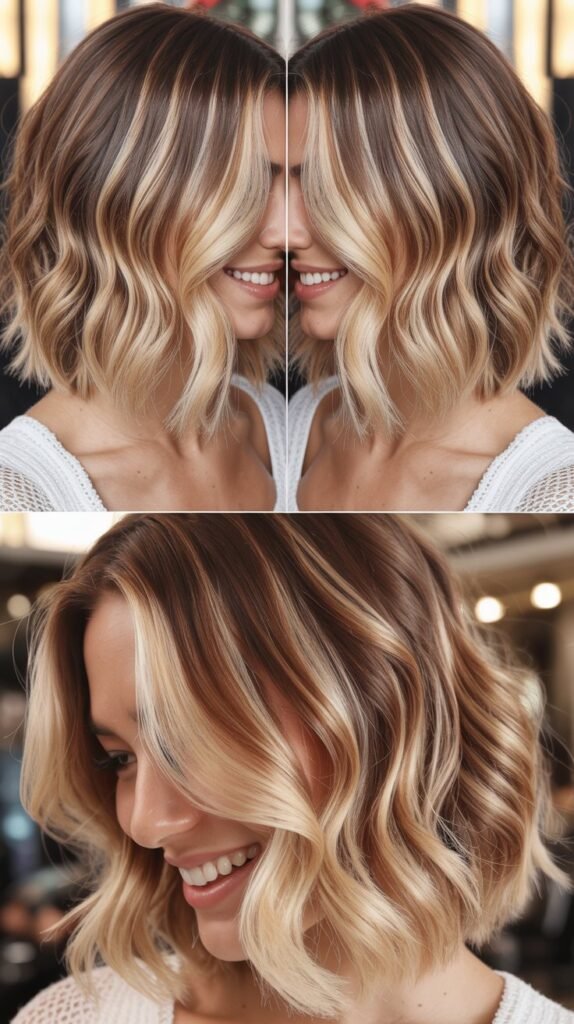  Balayage Blonde Lob with Dark Roots