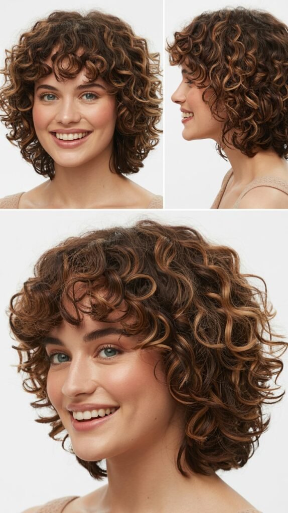 Curly Medium Cut with Full Bangs