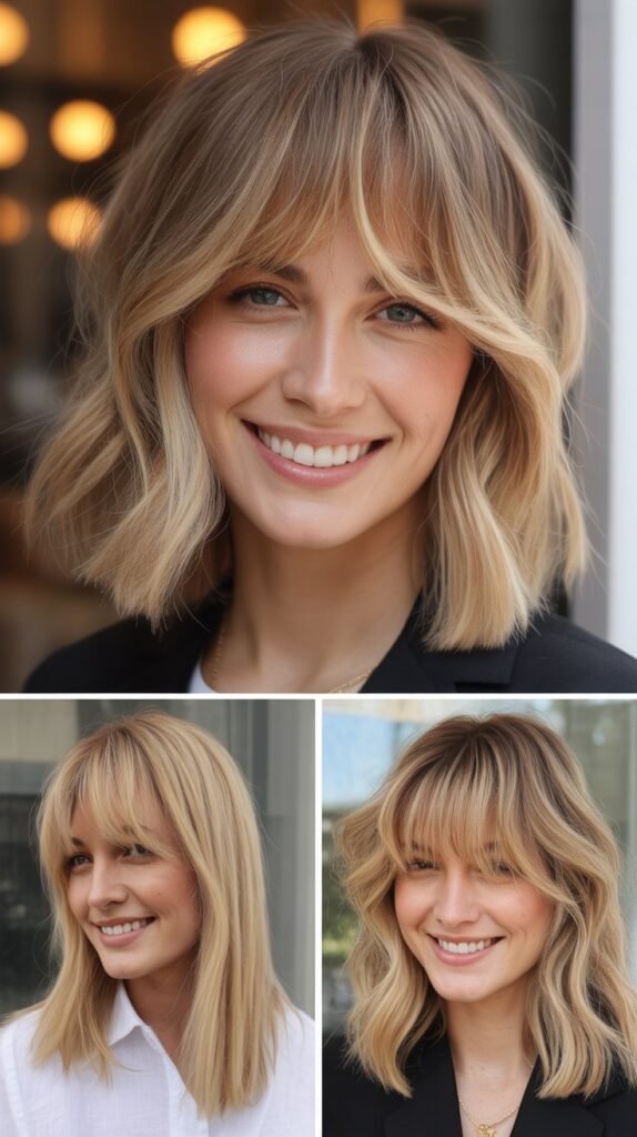Sandy Blonde Lob with Choppy Curtain Bangs
