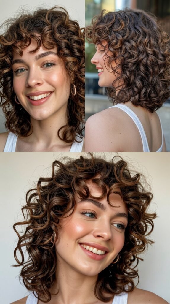 Voluminous Curls with Blended Curtain Bangs
