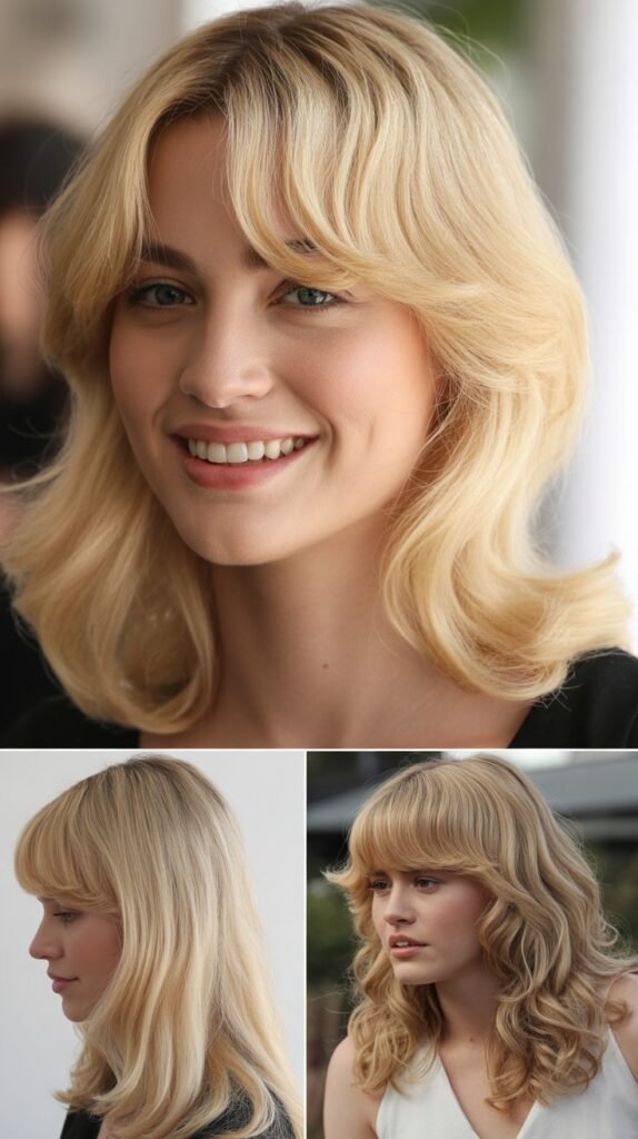 Buttery Blonde Mid-Length Hair with Blended Curtain Bangs