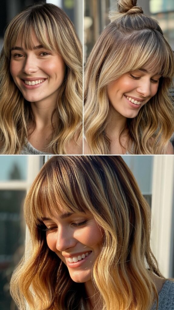  Straight-Across Bangs with Honey Blonde Balayage