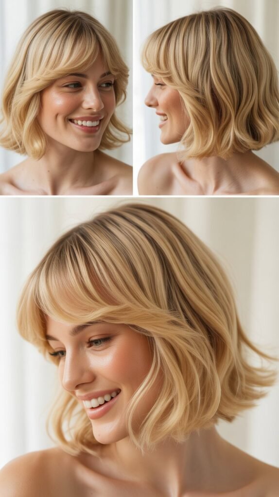  Buttercream Blonde Lob with Wispy Fringe