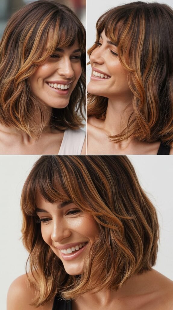 Blunt Bangs with Caramel Balayage on Shoulder-Length Hair