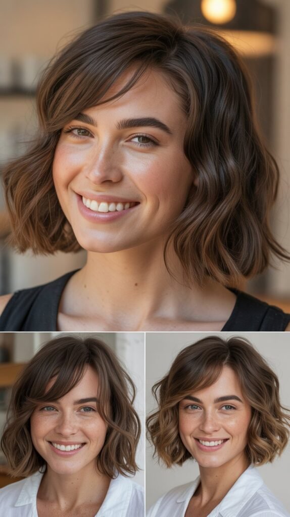  Textured Lob With Side-Swept Baby Bangs