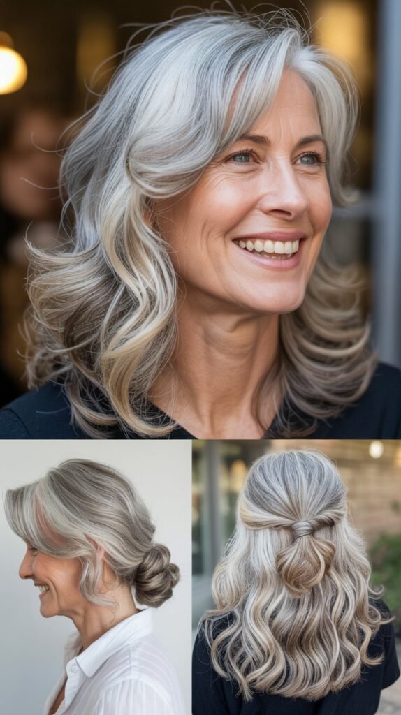 Long Silver Waves with Face-Framing Highlights
