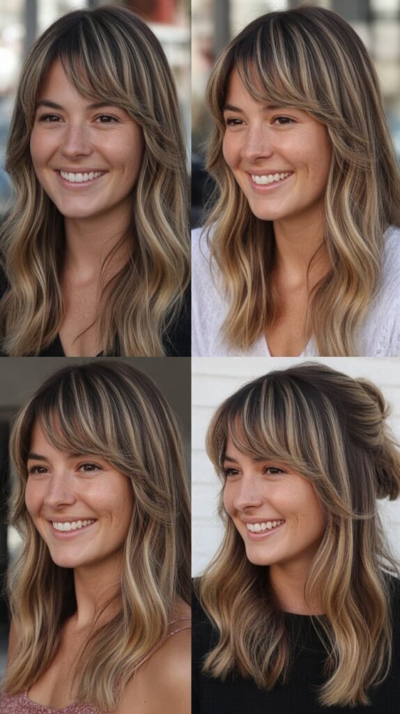  Layered Curtain Bangs with Balayage Highlights