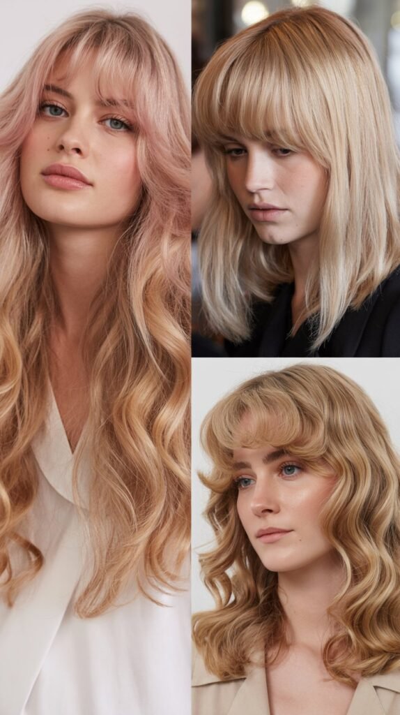 Champagne Rose Blonde Midi with Soft Curtain Bangs