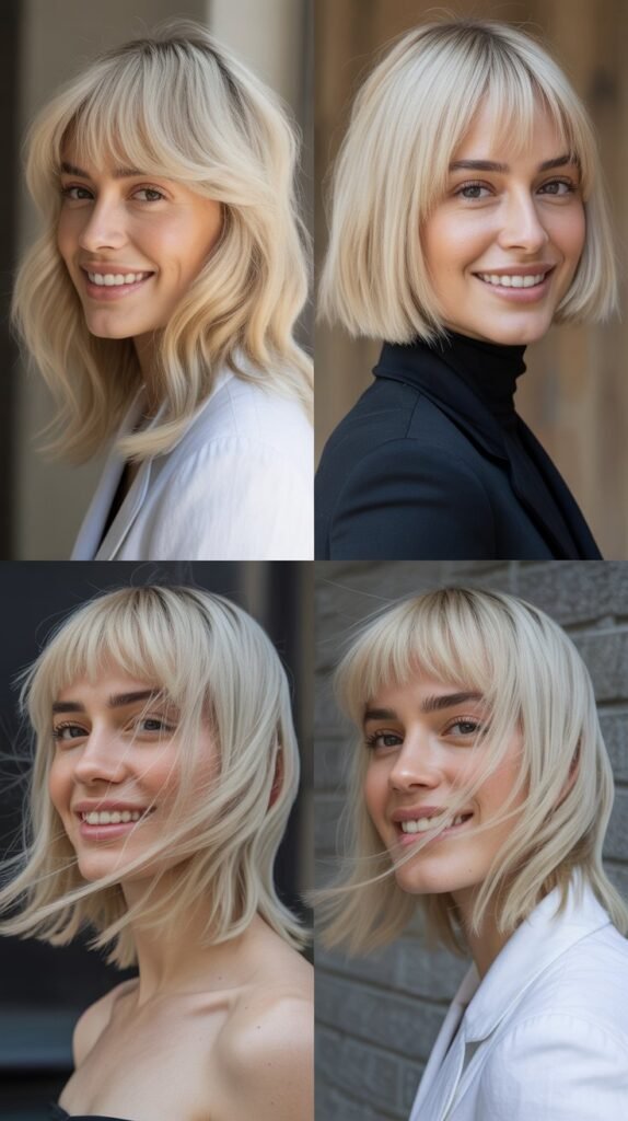 Icy Blonde Collarbone Cut with Micro Bangs