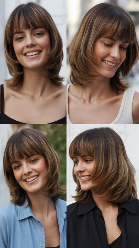  Long Layered Bob with Blunt Bangs