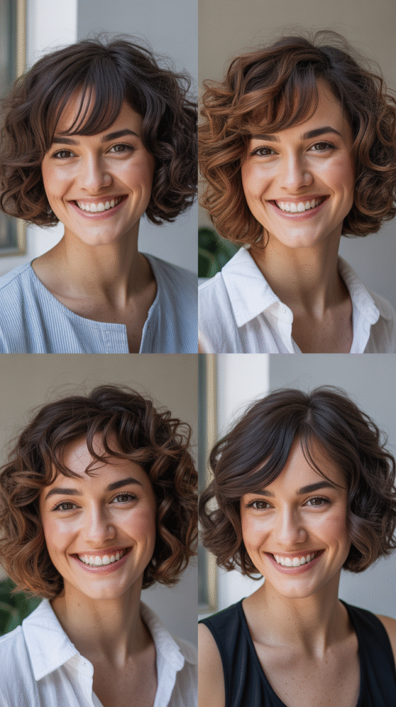 Curly Angled Bob With Long Textured Bangs